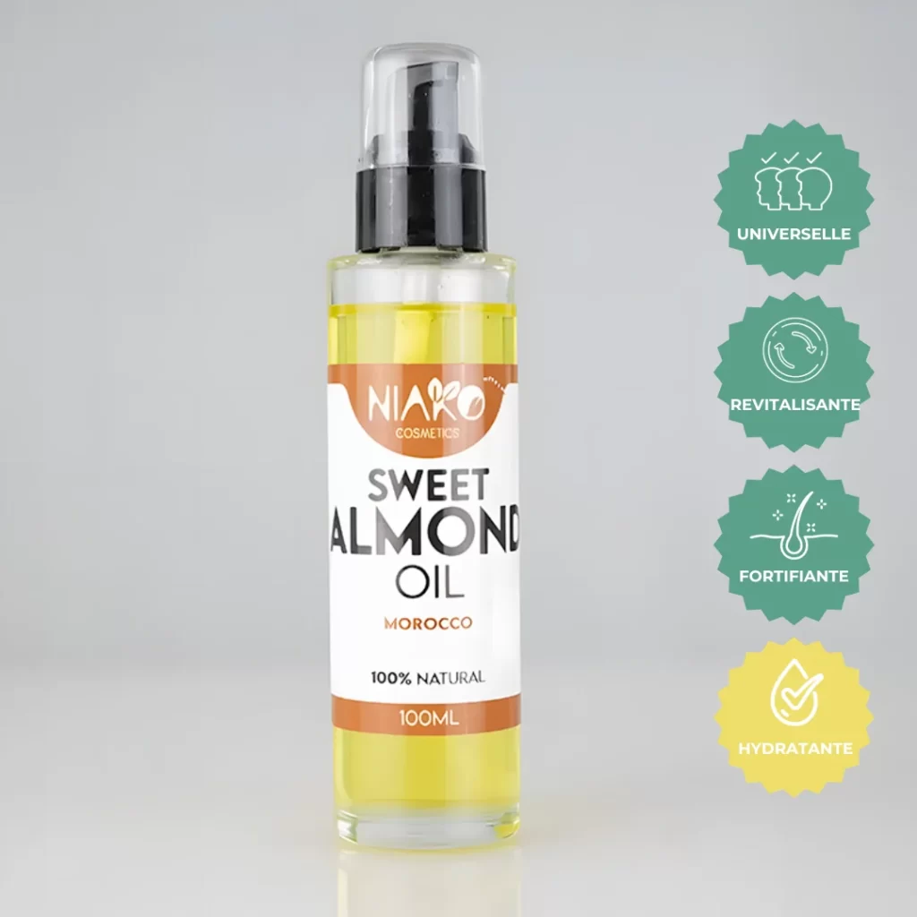 Bouteille d'Huile d'Amande Douce Niako cosmetics 100ml, naturelle et hydratante.
