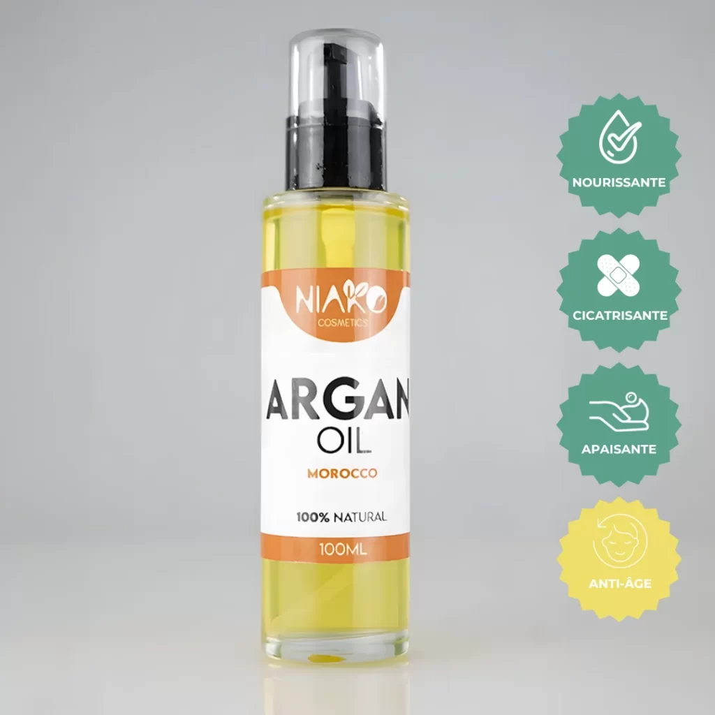 Flacon d'huile d'argan NIAKO COSMETICS 100ml avec icônes de bienfaits.